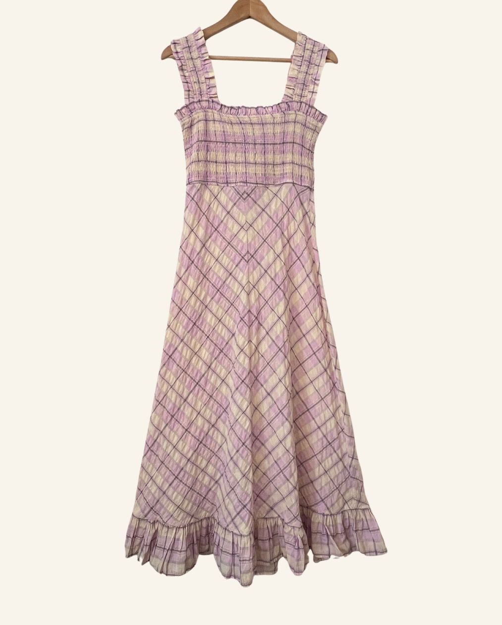 GANNI Beautiful long lilac and cream ruffled seersucker checked summer dress