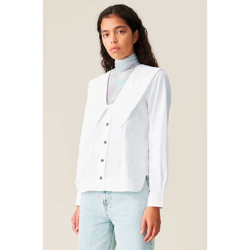 GANNI V-neck ruffled bib collar white cotton poplin shirt02