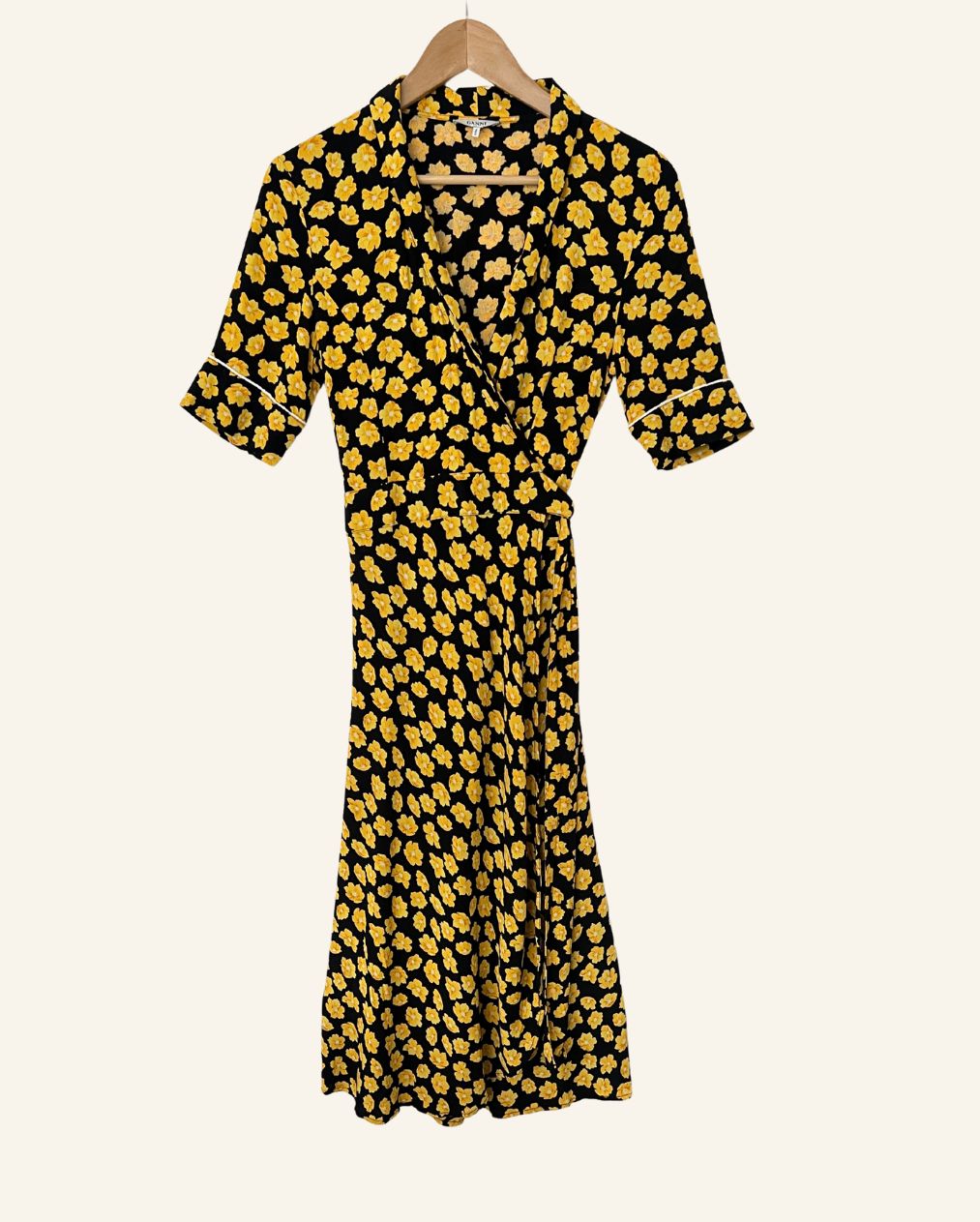 GANNI emory crepe black wrap dress with yellow floral print