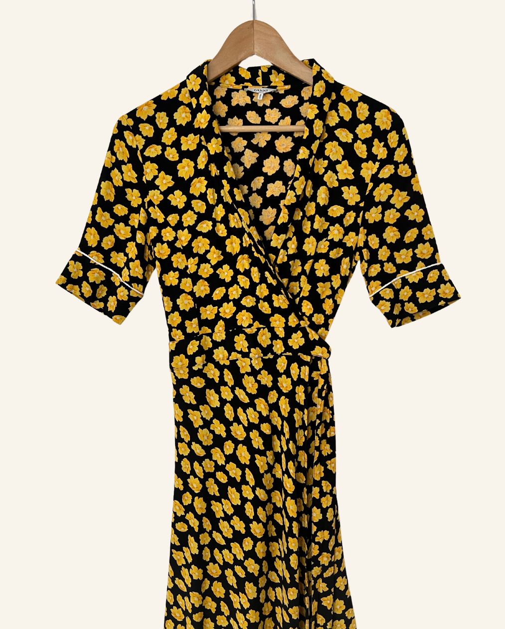 GANNI emory crepe black wrap dress with yellow floral print