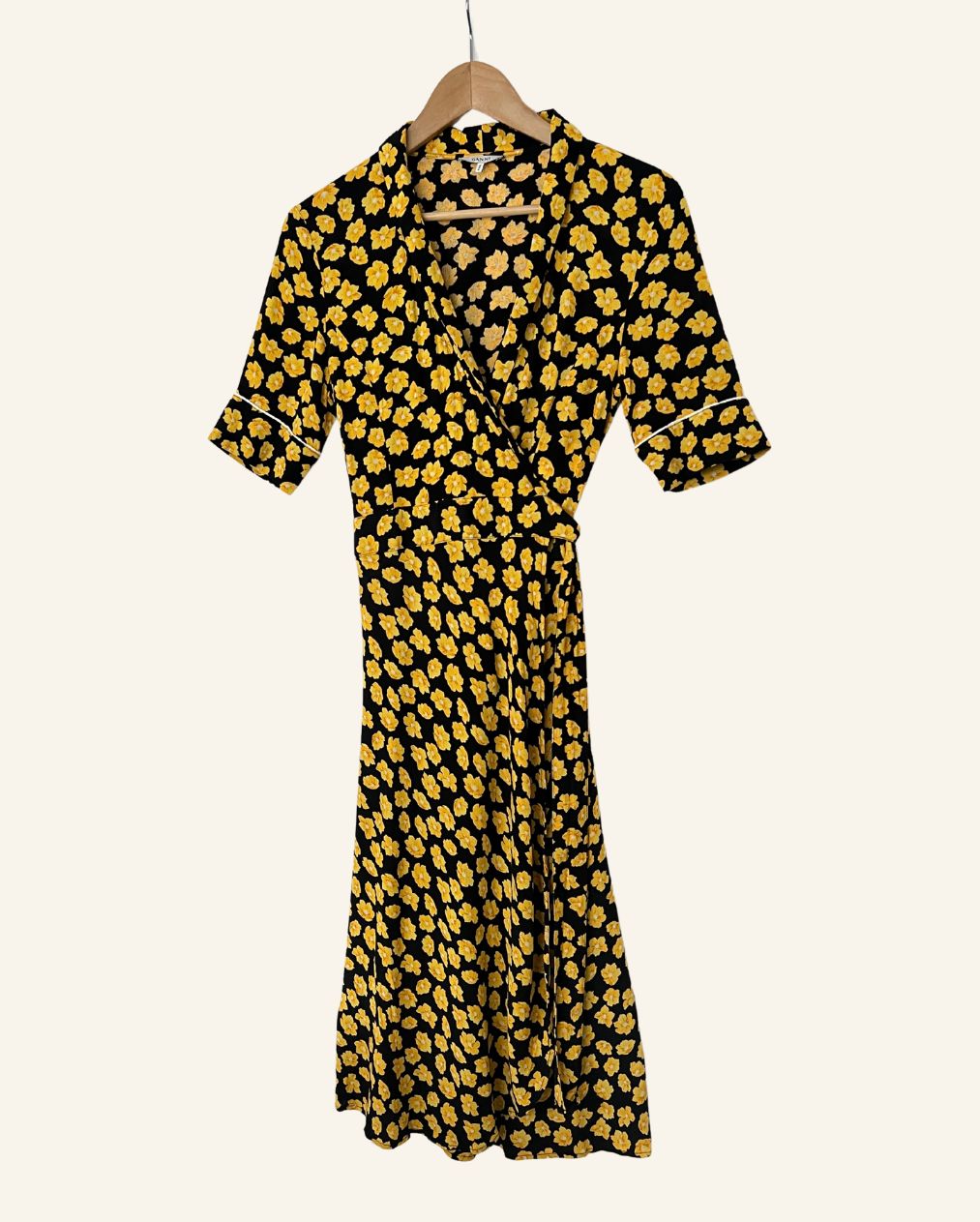 GANNI emory crepe black wrap dress with yellow floral print