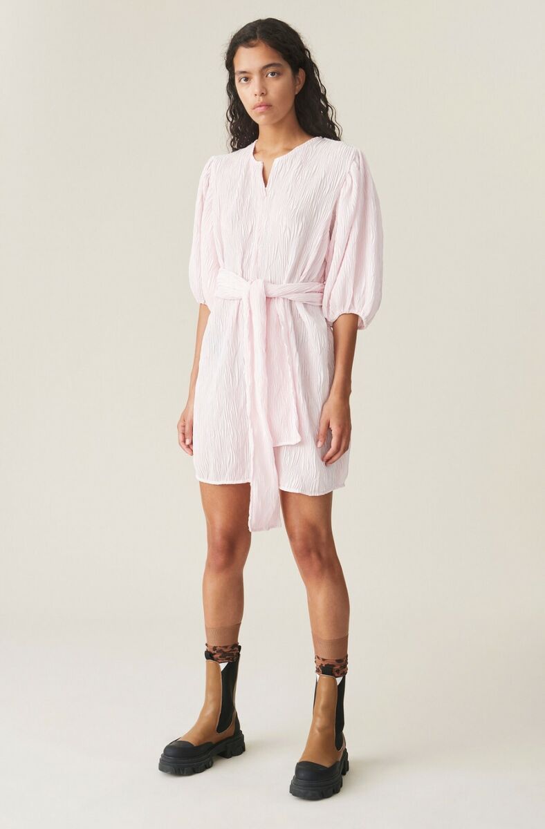 GANNI light baby pink pleated satin mini dress with belt