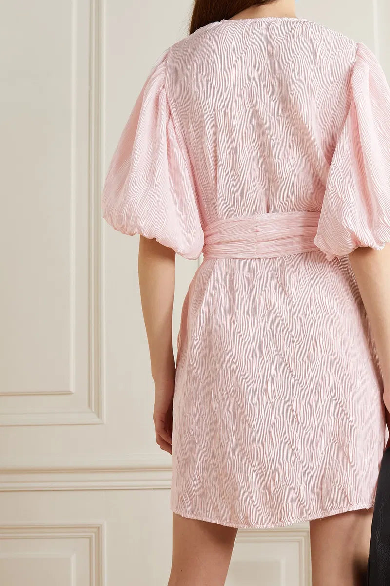 GANNI light baby pink pleated satin mini dress with belt