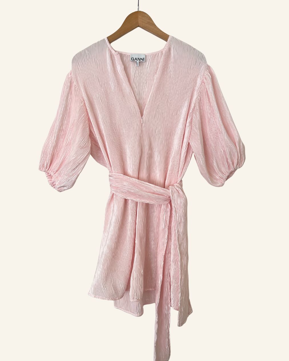 GANNI light baby pink pleated satin mini dress with belt