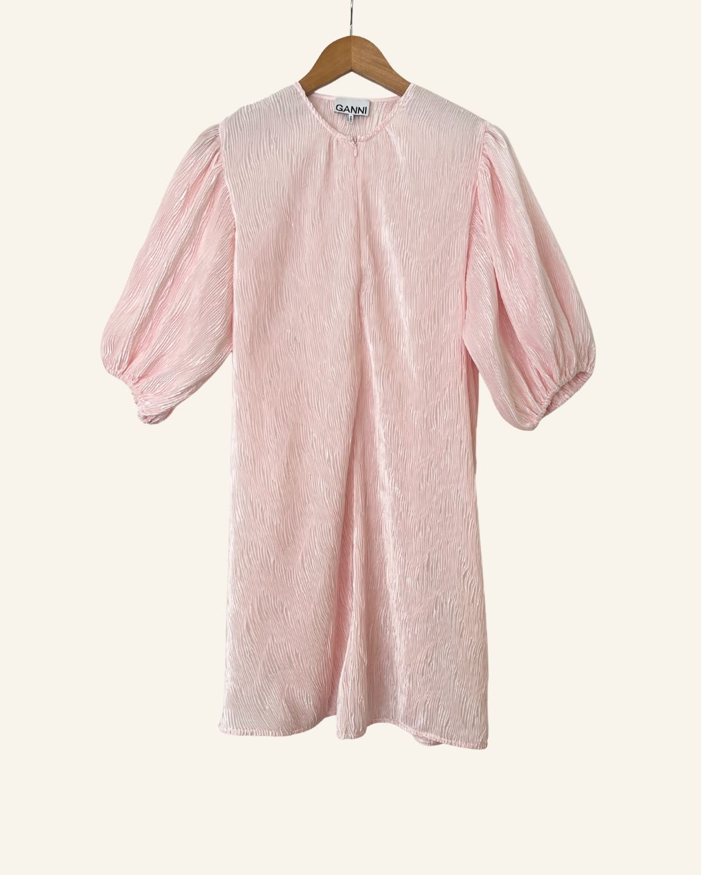 GANNI light baby pink pleated satin mini dress with belt