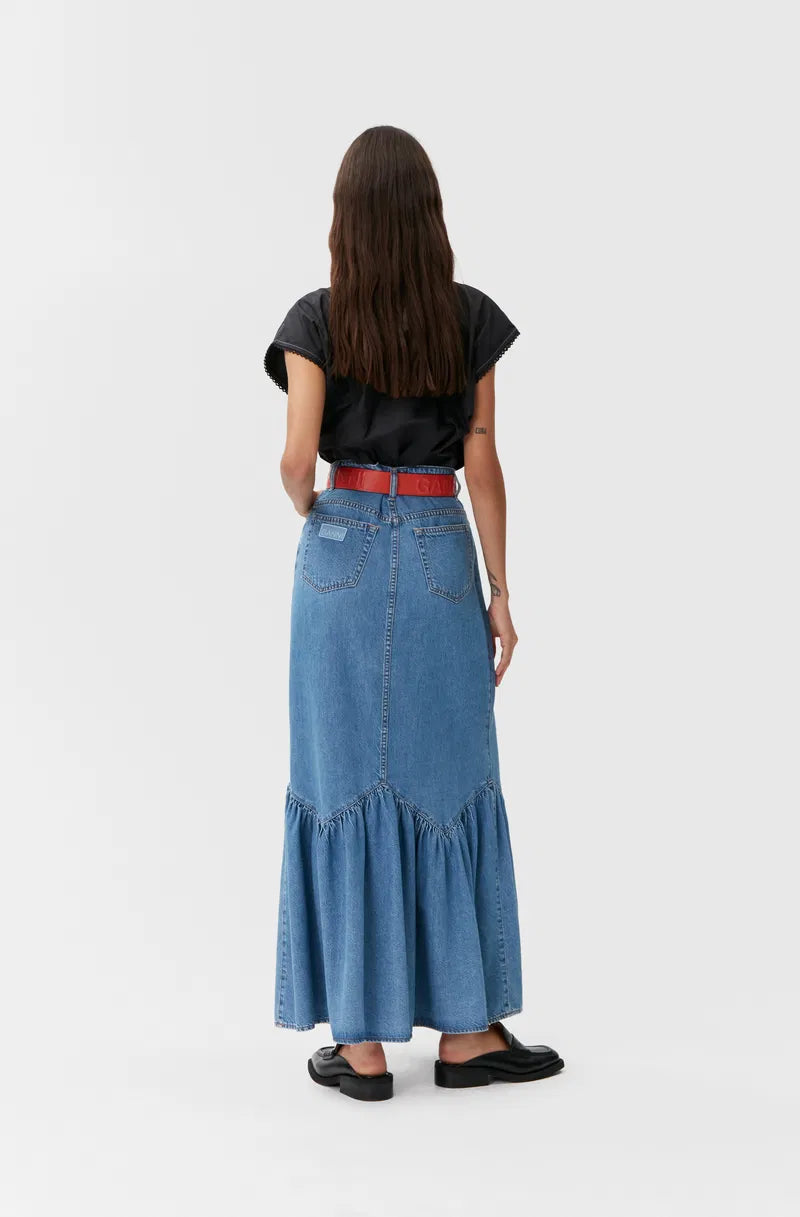 GANNI long denim high waist mid-blue skirt