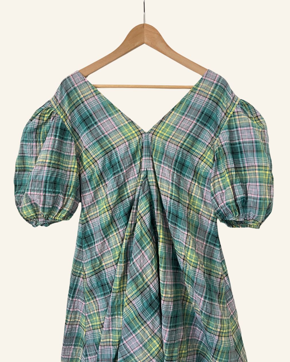 GANNI seersucker checked V- neck puff sleeves mini dress blue lilac