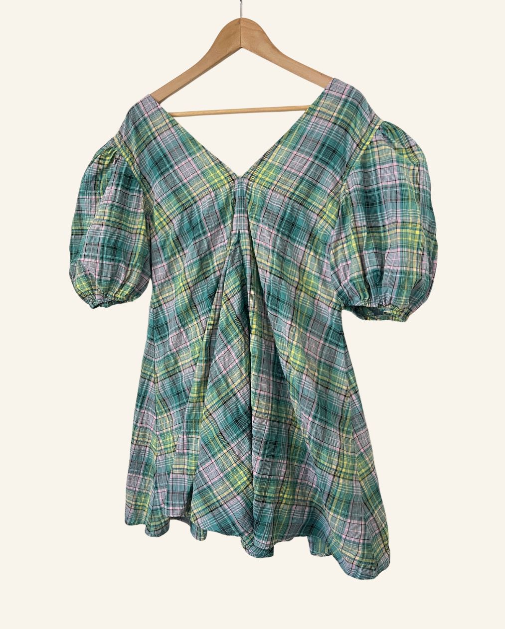 GANNI seersucker checked V- neck puff sleeves mini dress blue lilac