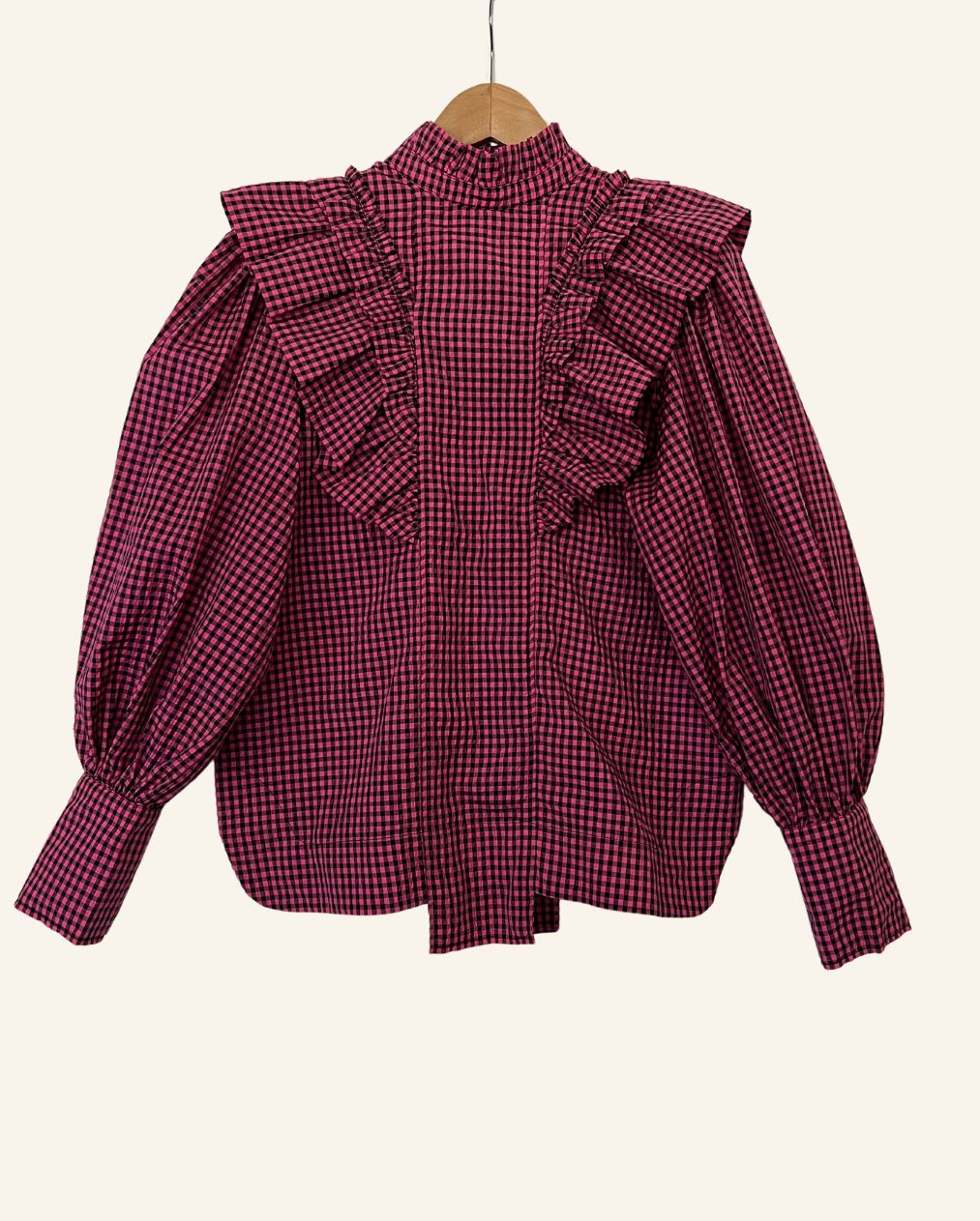 GANNI seersucker checkered gingham pink and black ruffled blouse with puff sleeves