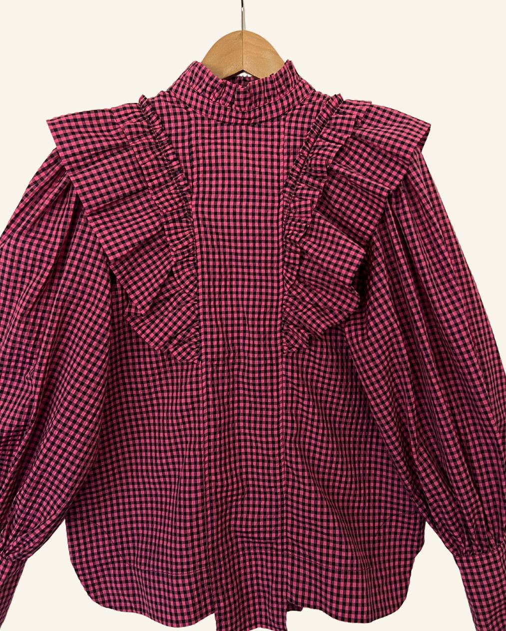 GANNI seersucker checkered gingham pink and black ruffled blouse with puff sleeves