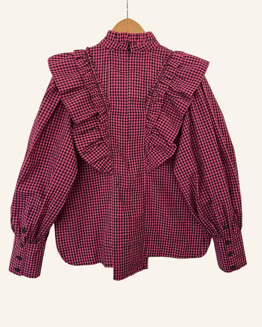 GANNI seersucker checkered gingham pink and black ruffled blouse with puff sleeves