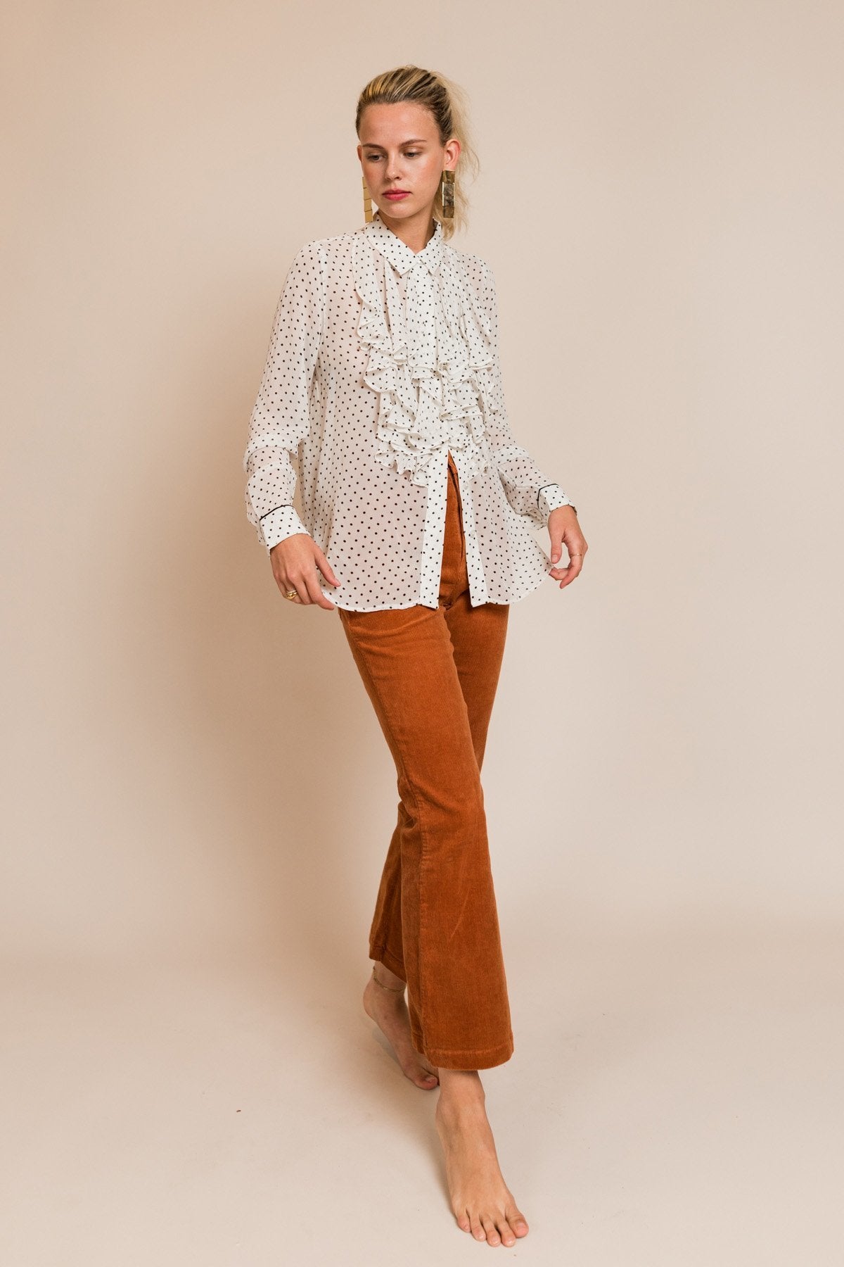 ganni rometty georgette white black polka dot ruffle blouse shirt