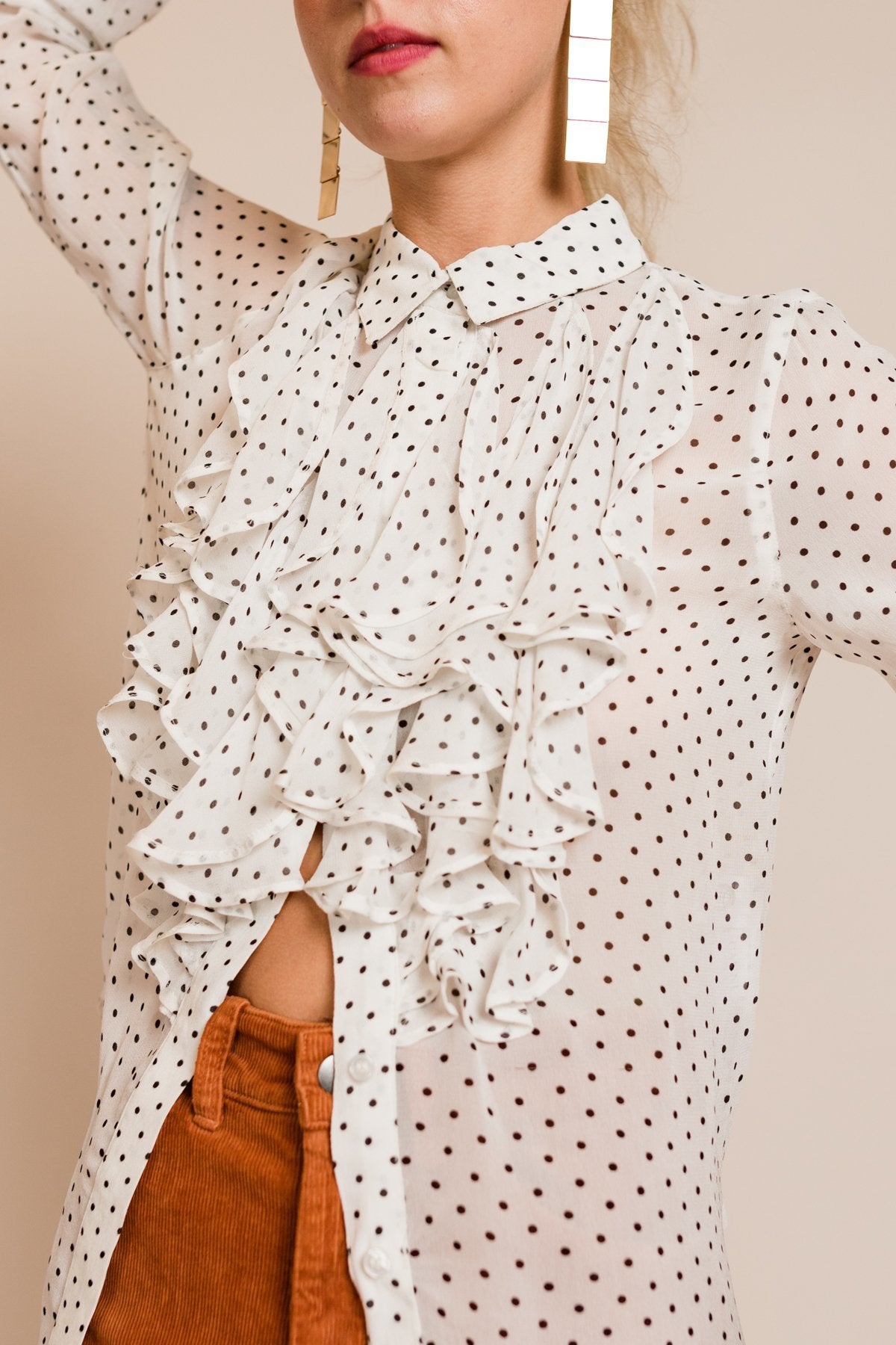 ganni rometty georgette white black polka dot ruffle blouse shirt