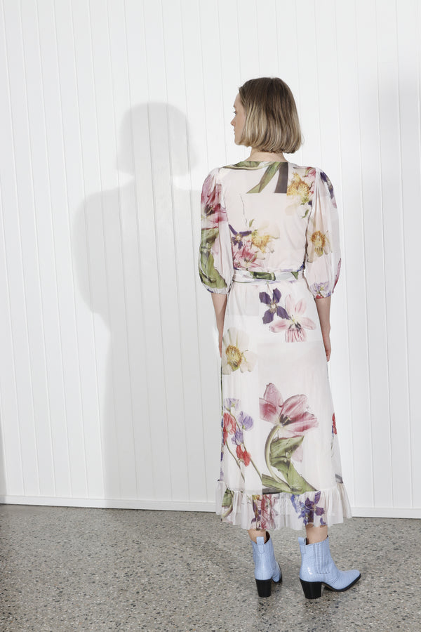 GANNI floral printed ruffled off white long wrap dress with puff sleeves