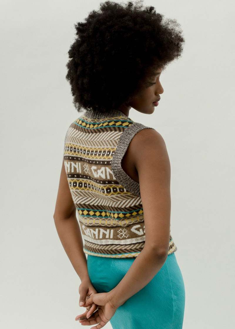 GANNI logo jacquard wool knitwear vest