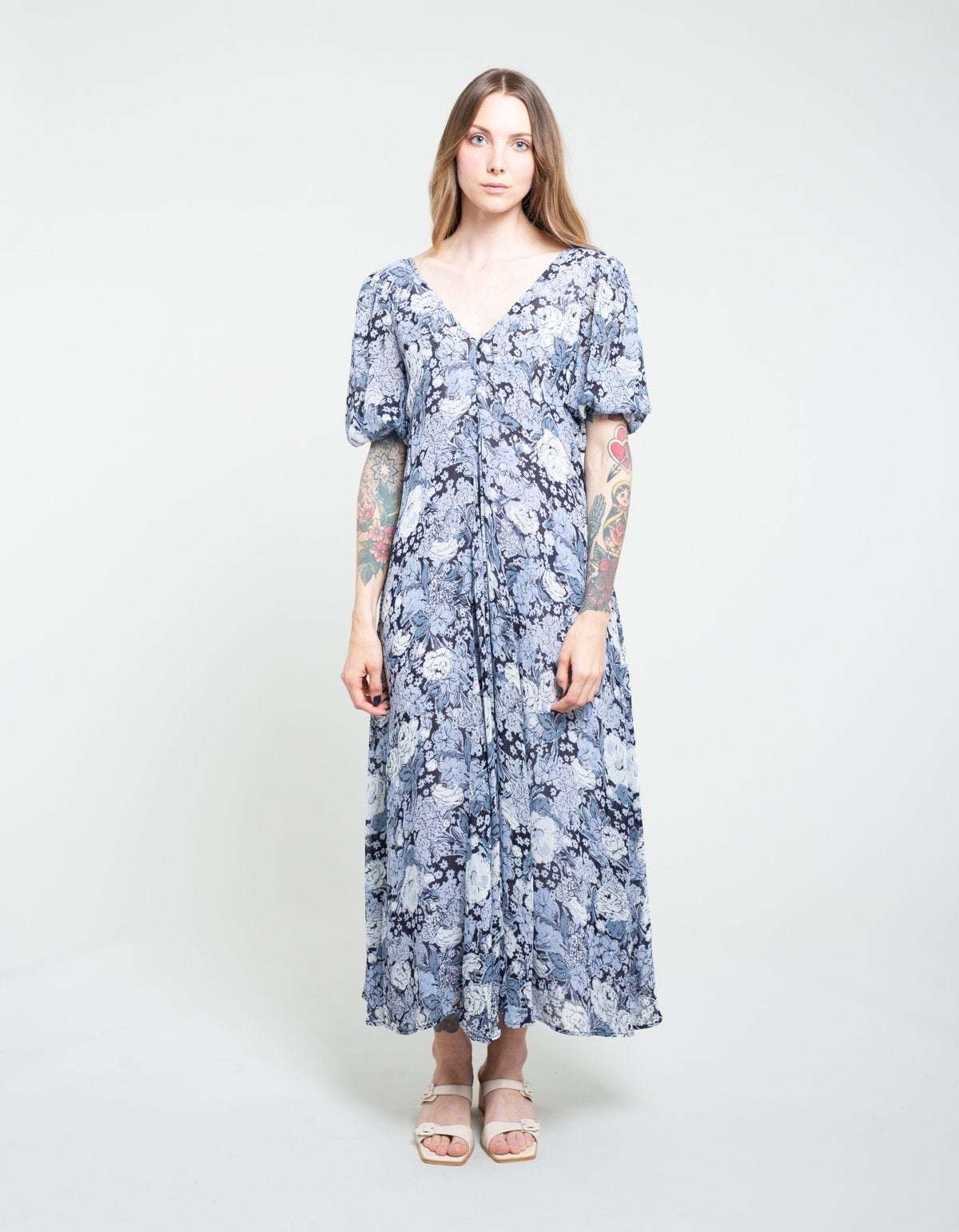 GANNI Robe longue imprimé fleuri bleu " Heather "