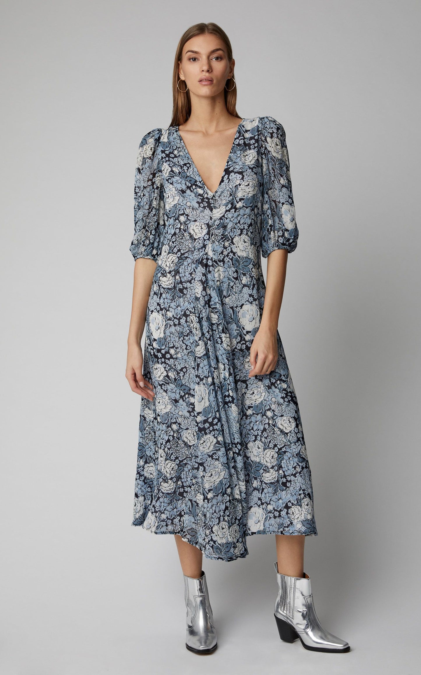 GANNI Robe longue imprimé fleuri bleu " Heather "