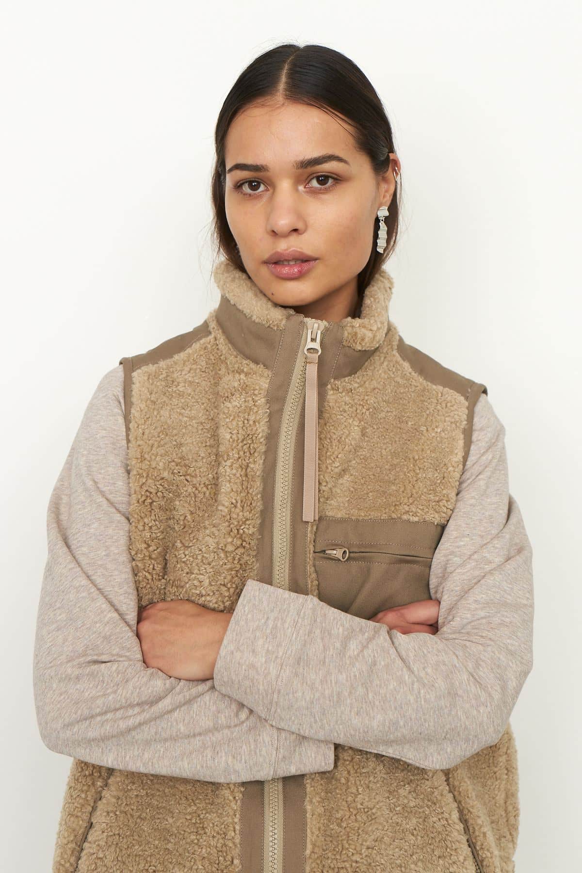 SECOND FEMALE dark beige oversize zipped teddy waistcoat krizian