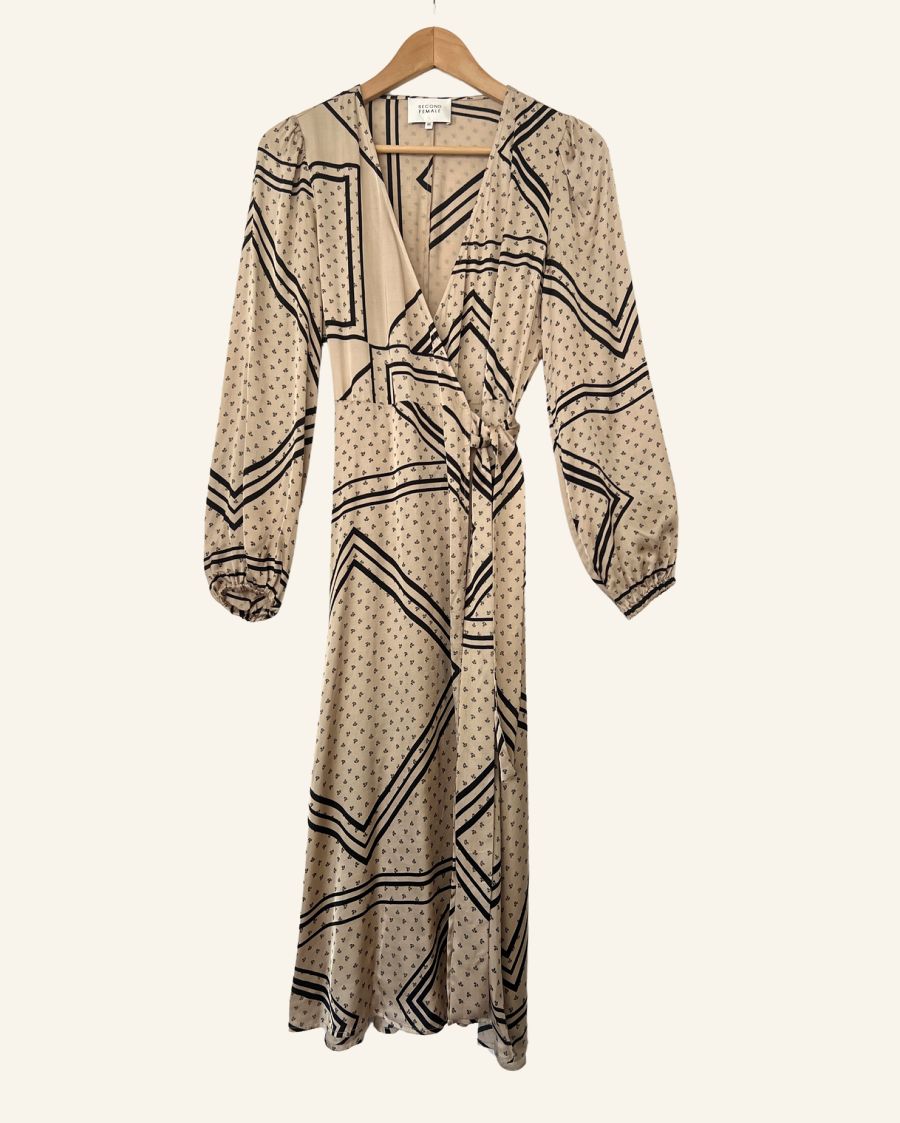 SECOND FEMALE satin beige patchwork pattern wrap midi dress