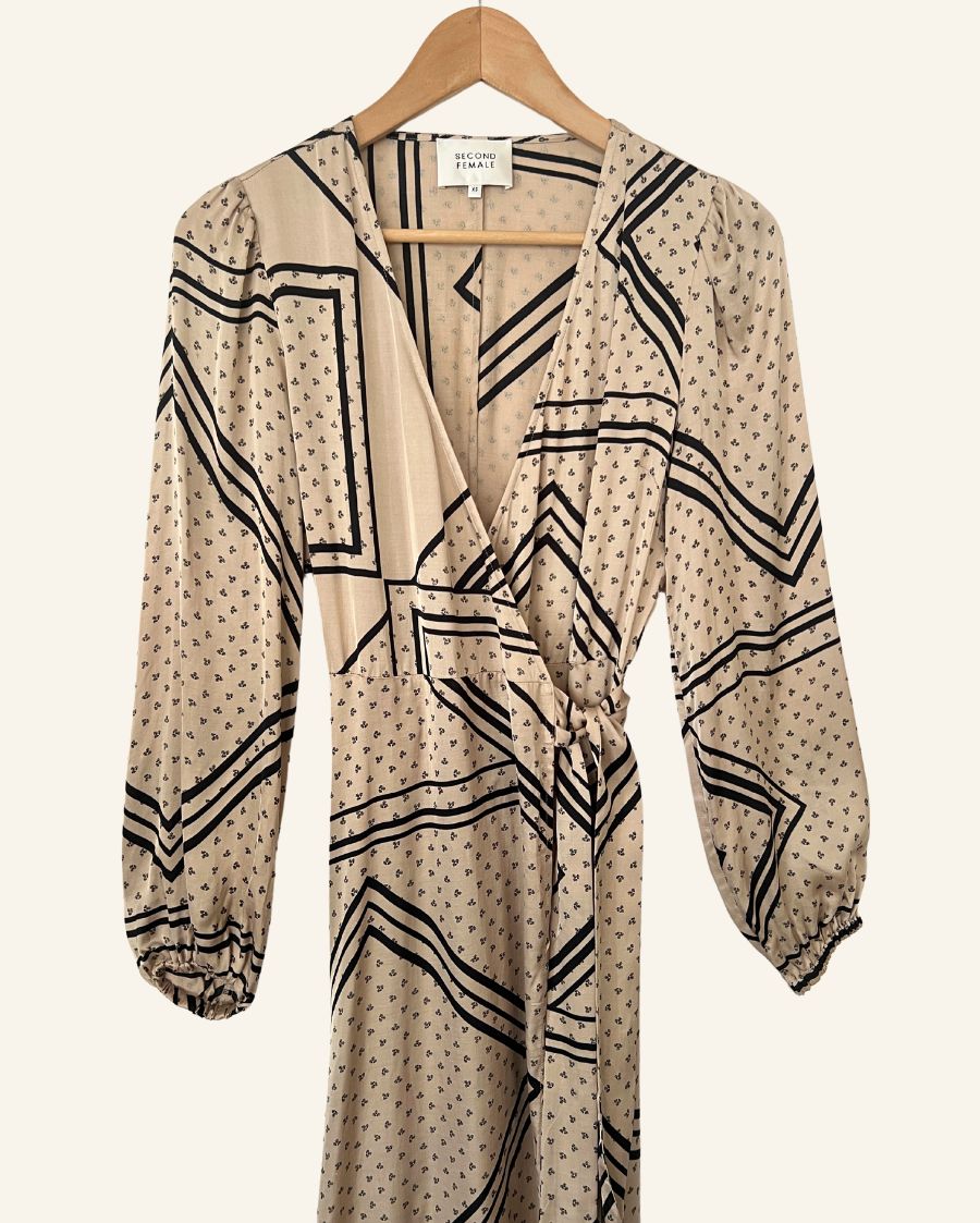SECOND FEMALE satin beige patchwork pattern wrap midi dress