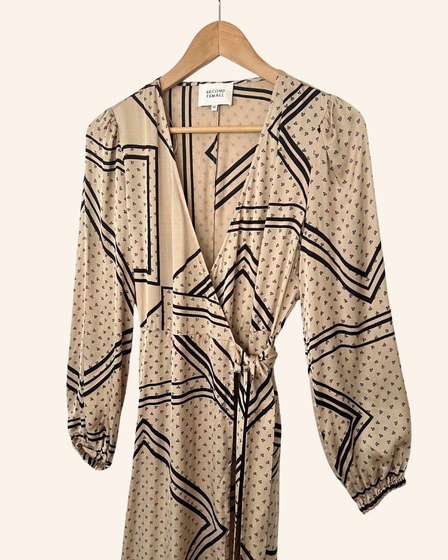 SECOND FEMALE satin beige patchwork pattern wrap midi dress