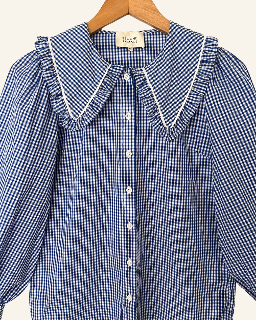 SECOND FEMALE toto gingham vichy checked large ruffled collar cotton shirt