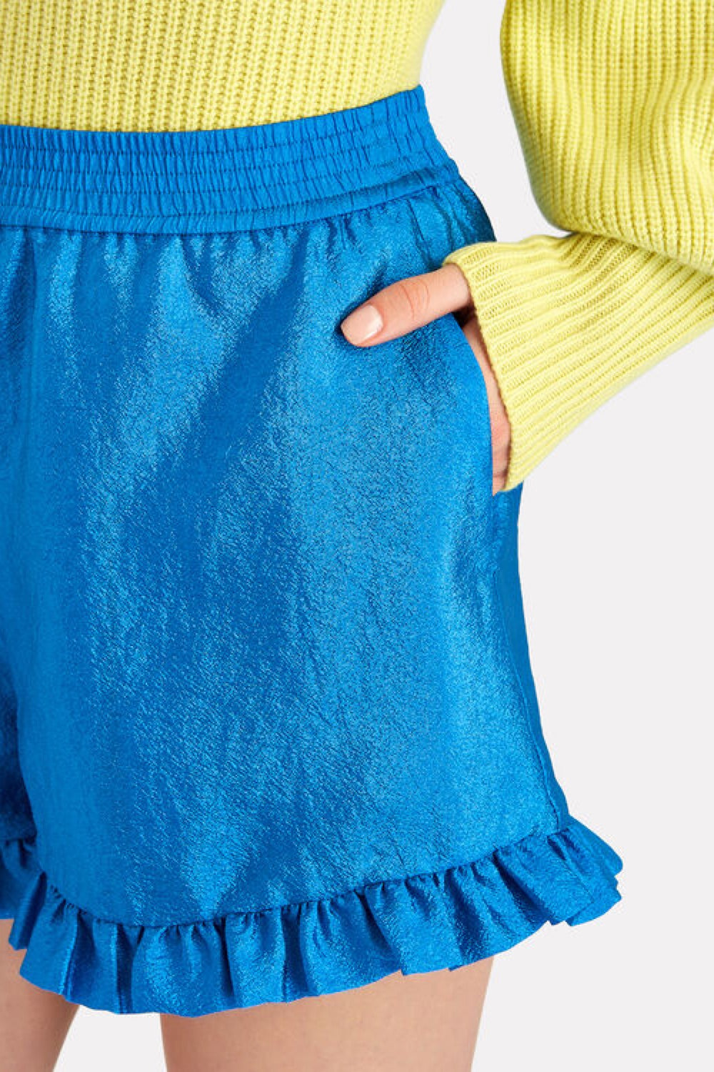STINE GOYA "Joselyn" blue ruffled high-waist satin shorts