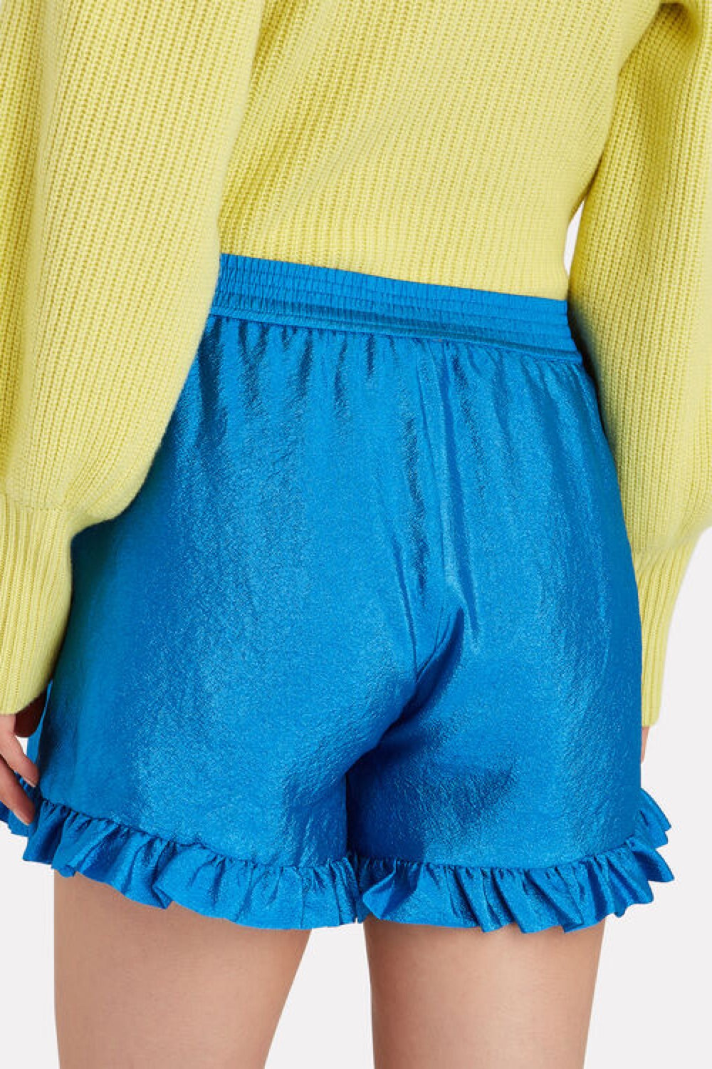 STINE GOYA "Joselyn" blue ruffled high-waist satin shorts