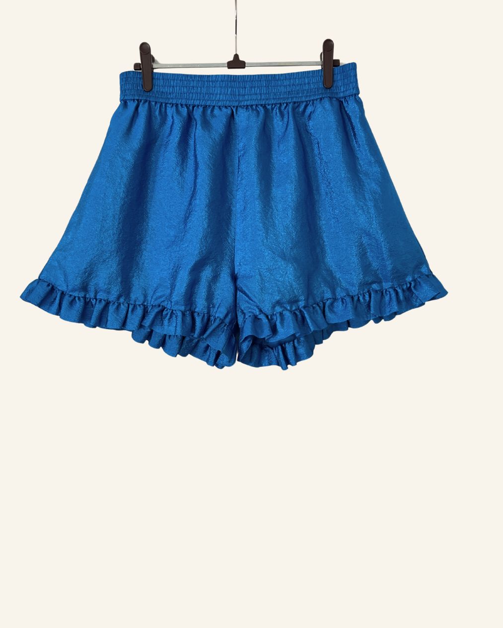 STINE GOYA "Joselyn" blue ruffled high-waist satin shorts