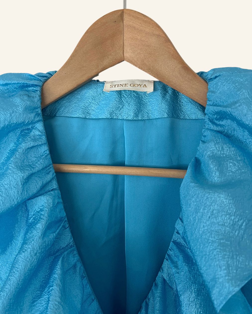 STINE GOYA "Steffi" aqua blue metallic shiny satin ruffle trim puff sleeves long wrap dress