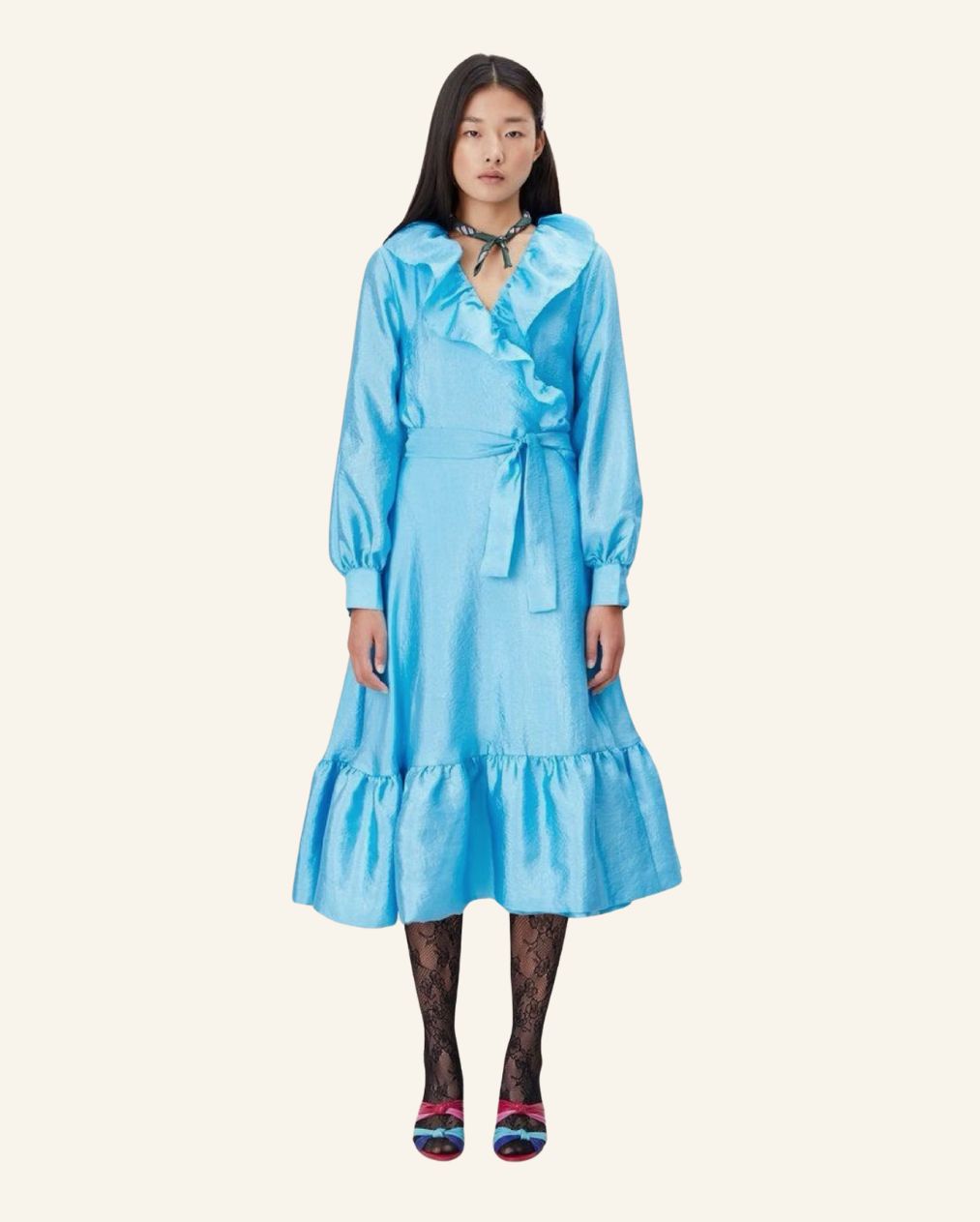 STINE GOYA "Steffi" aqua blue metallic shiny satin ruffle trim puff sleeves long wrap dress