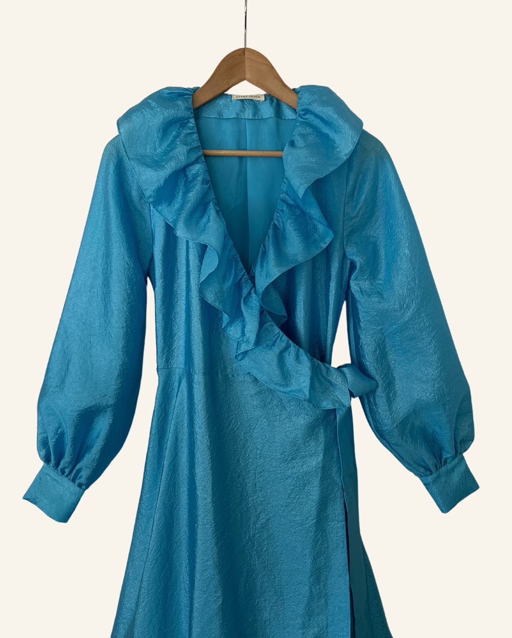 STINE GOYA "Steffi" aqua blue metallic shiny satin ruffle trim puff sleeves long wrap dress