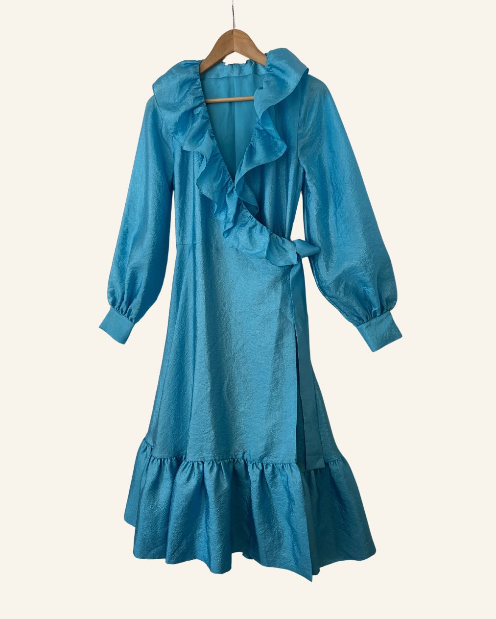 STINE GOYA "Steffi" aqua blue metallic shiny satin ruffle trim puff sleeves long wrap dress