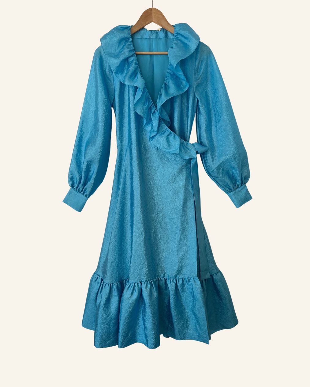 STINE GOYA "Steffi" aqua blue metallic shiny satin ruffle trim puff sleeves long wrap dress