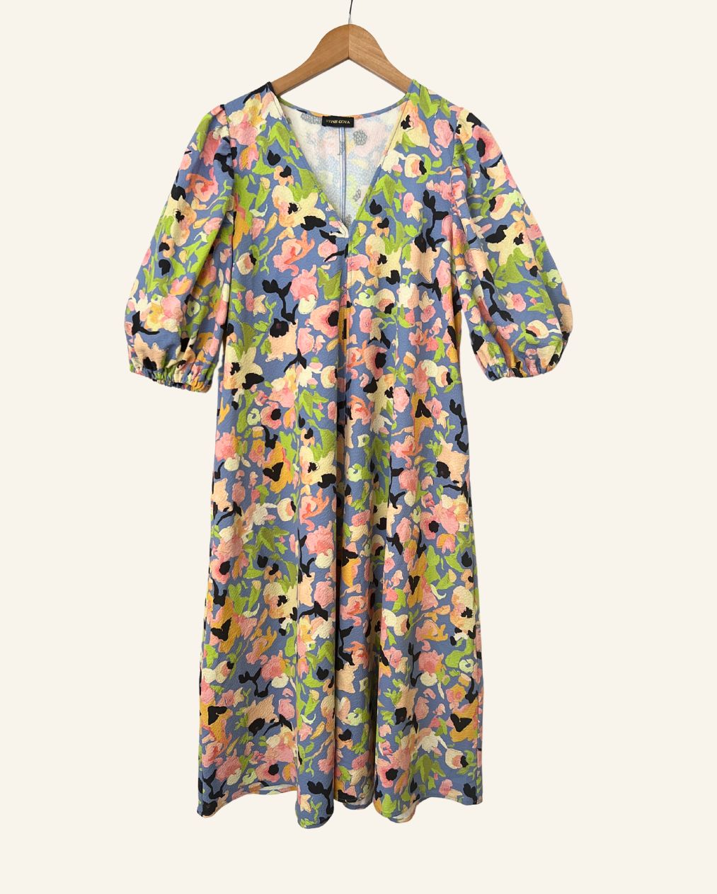 STINE GOYA beautiful long blue floral dress with puff sleeves mavelin