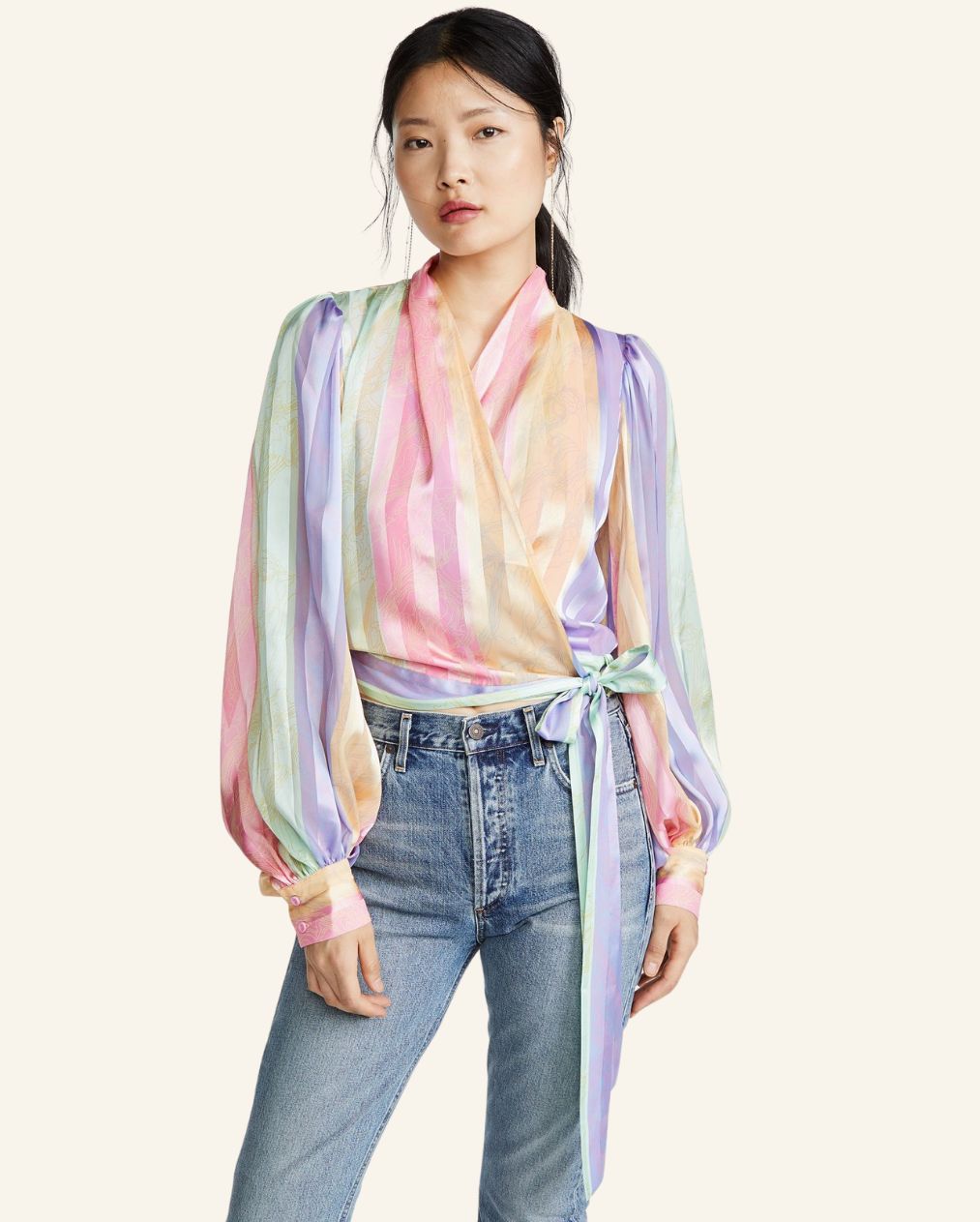 STINE GOYA iconic "Glenda" satin wrap blouse