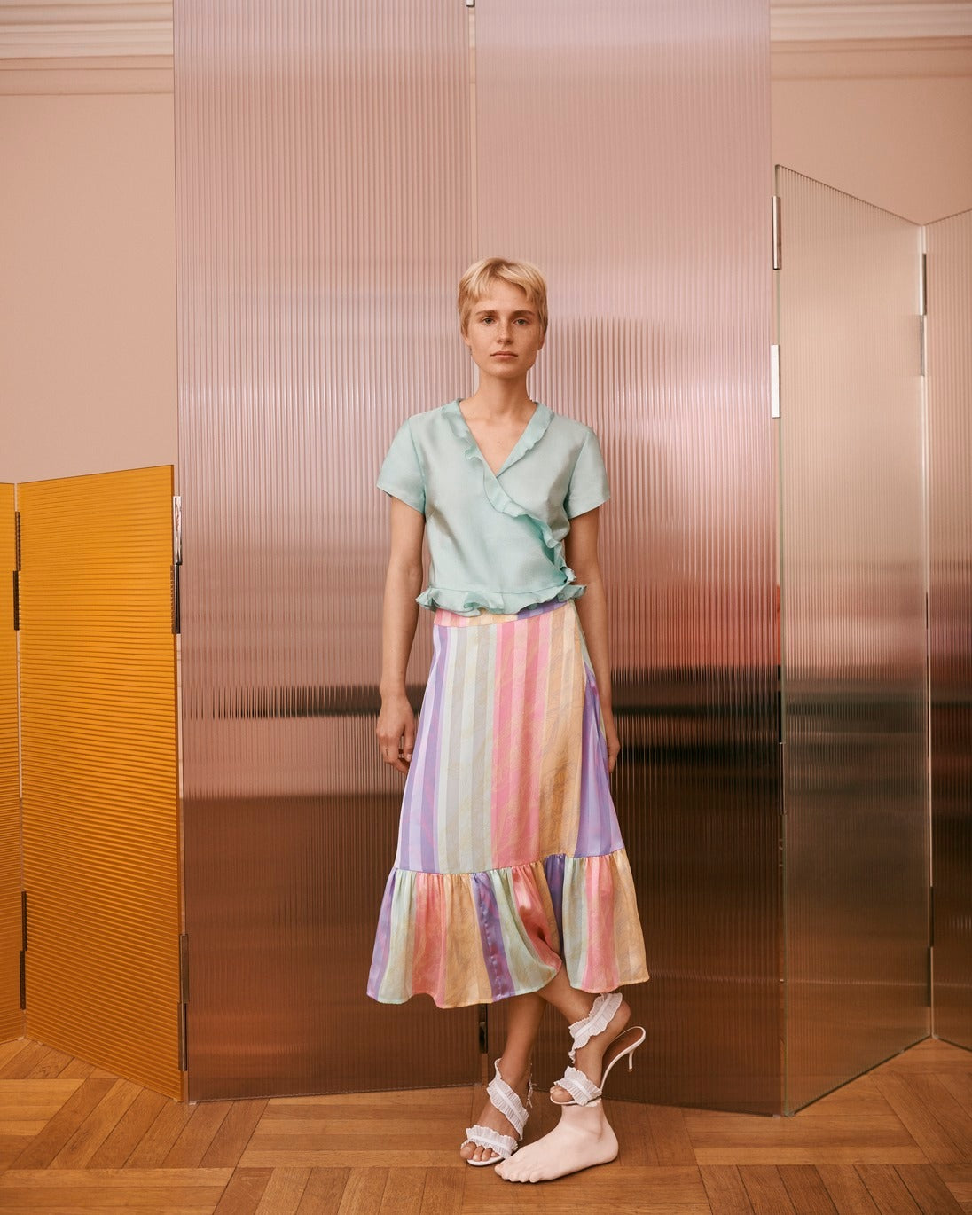 STINE GOYA leandra multicolored satin ruffled skirt