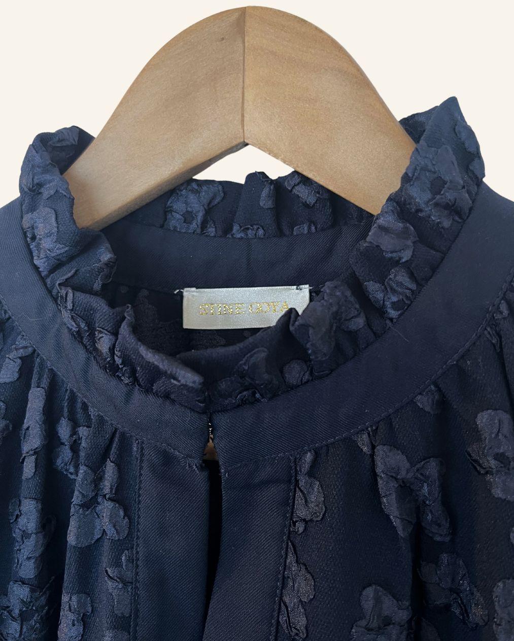 STINE GOYA "Jasmine" dark blue jacquard balloon sleeves embroidered dress