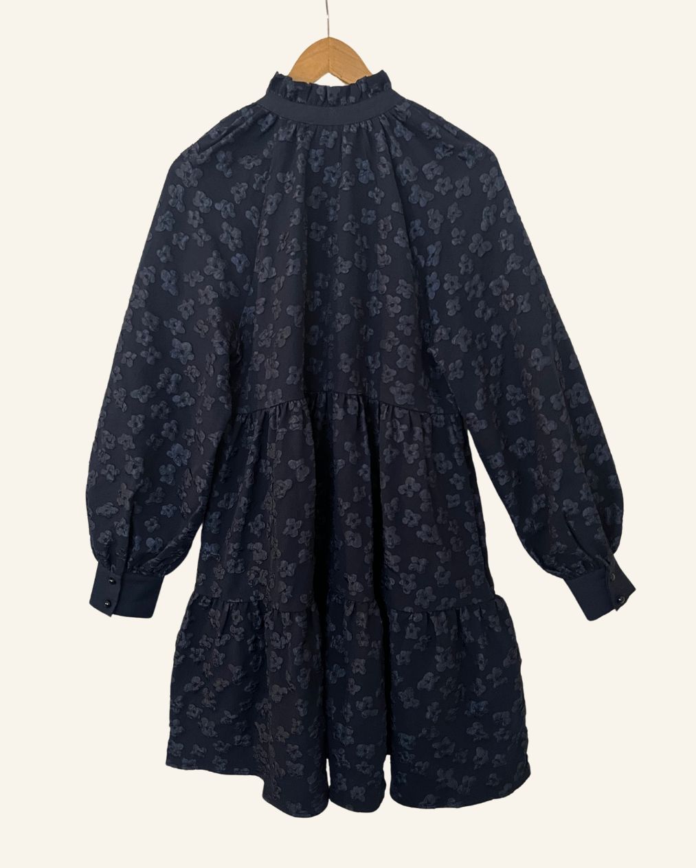 STINE GOYA "Jasmine" dark blue jacquard balloon sleeves embroidered dress