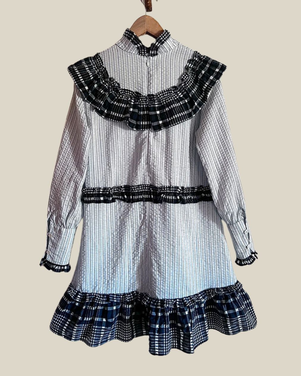 ganni light blue carlton black ruffle check coton ruffle mini dress