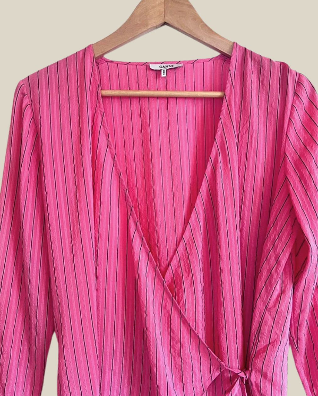 ganni lynch seersucker pink black stripe wrap shirt blouse silk