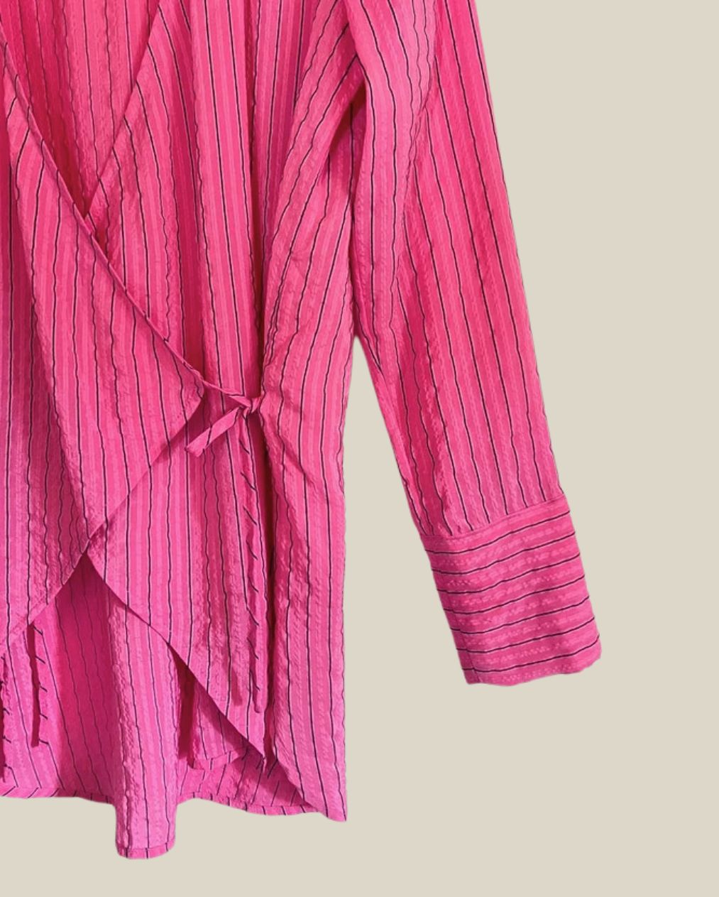 ganni lynch seersucker pink black stripe wrap shirt blouse silk