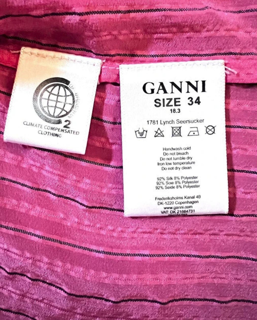 ganni lynch seersucker pink black stripe wrap shirt blouse silk