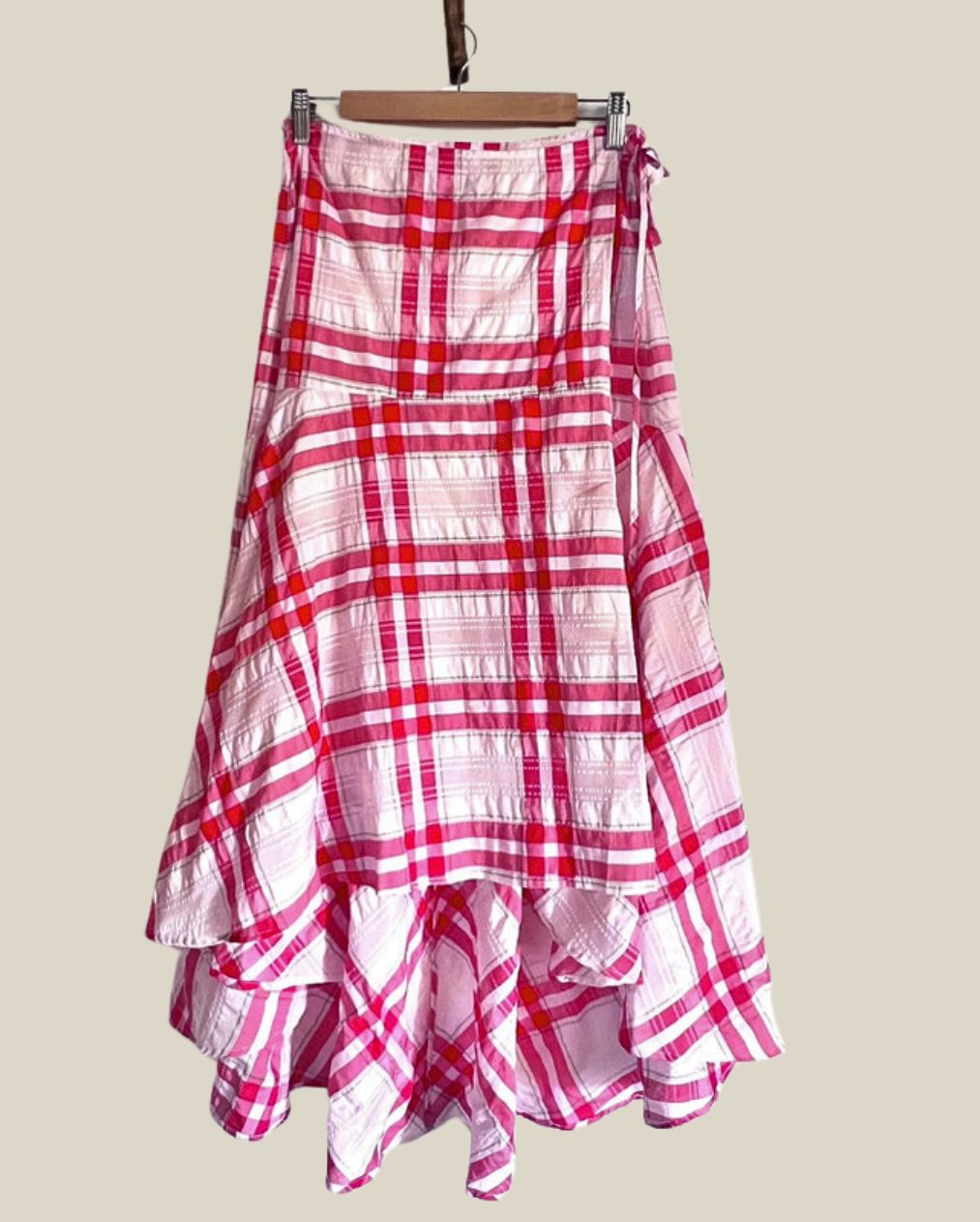 ganni check seersucker pink red wrap skirt coton