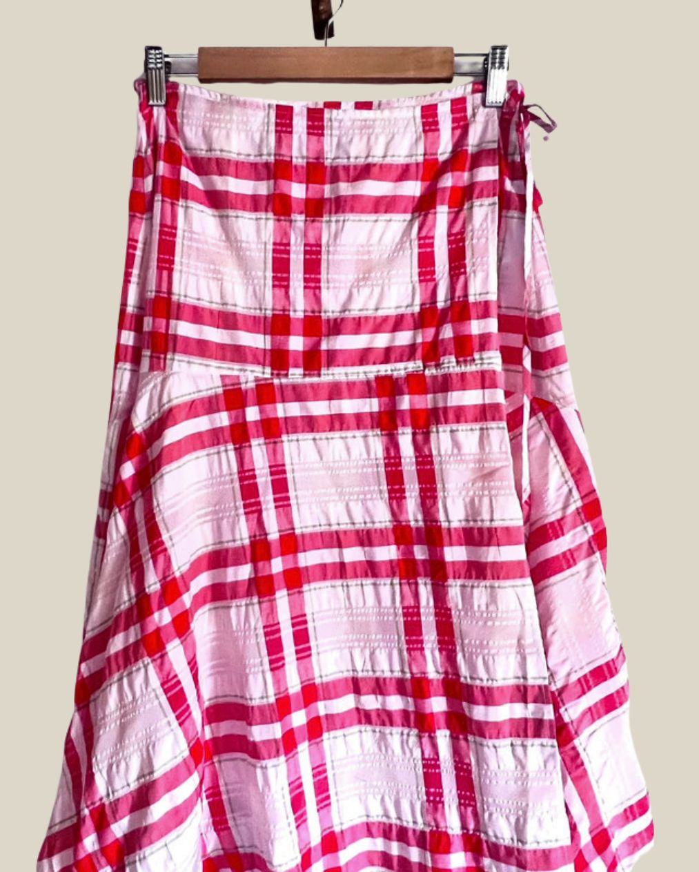 ganni check seersucker pink red wrap skirt coton