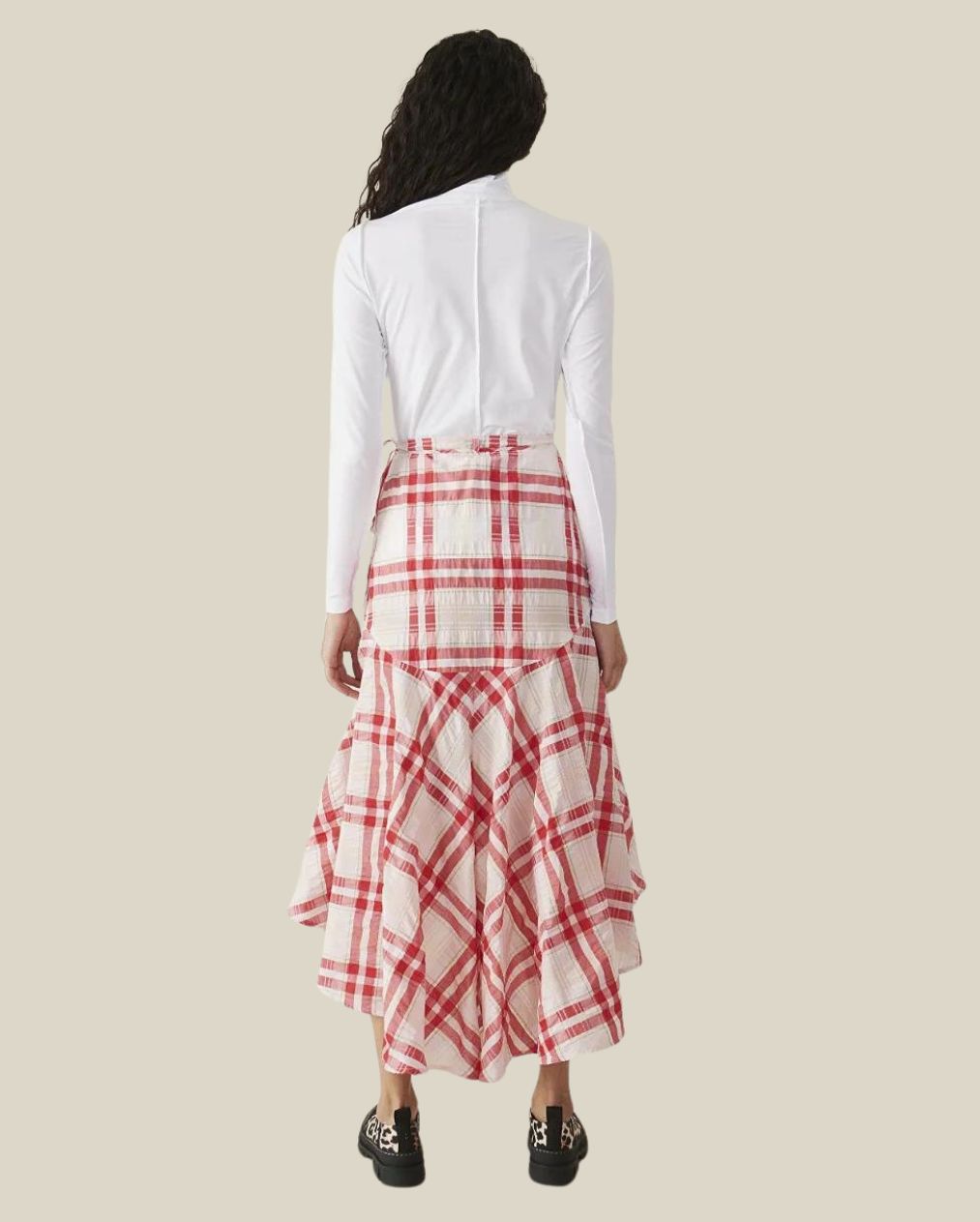 ganni check seersucker pink red wrap skirt coton