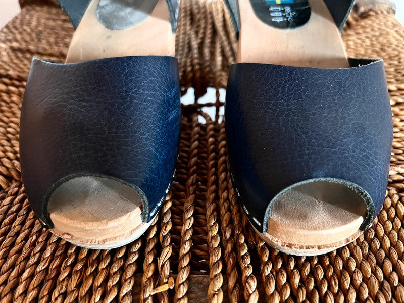 Dark blue black vintage swedish wooden clogs shoes