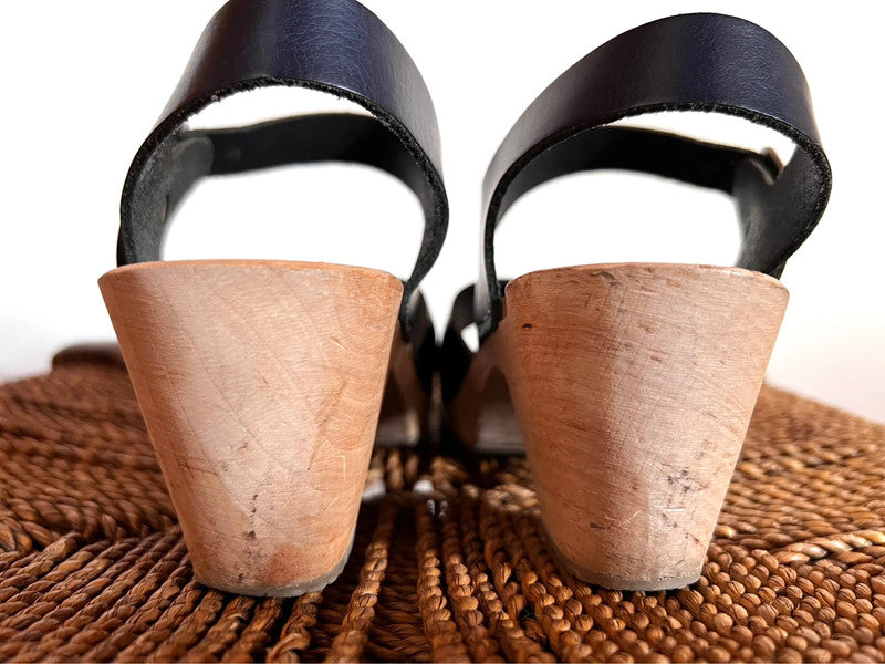 dark blue leather vintage swedish clog shoe wood