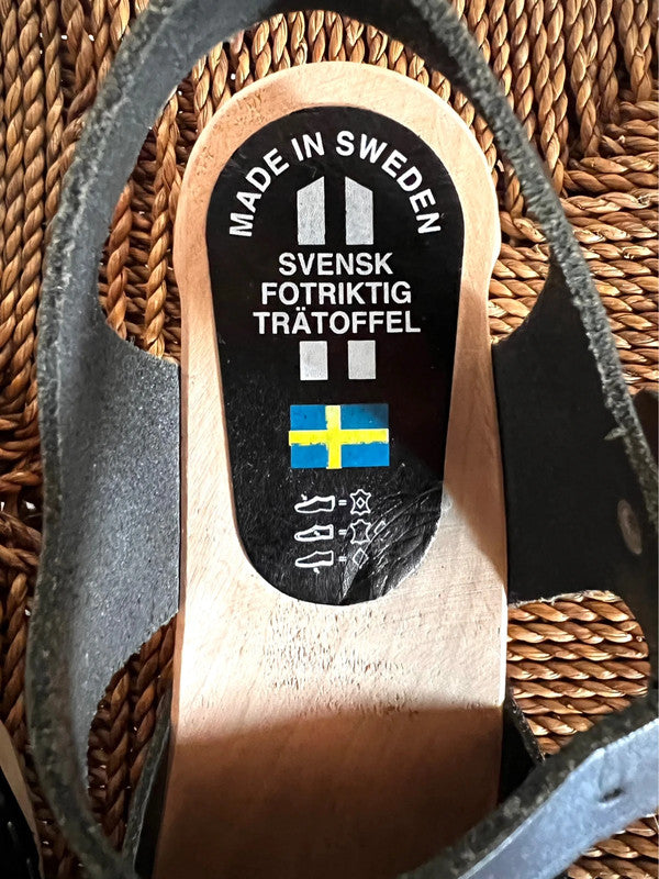 dark blue leather vintage swedish clog shoe wood