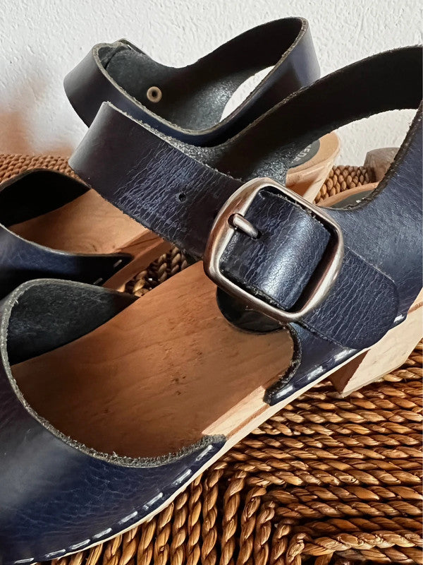 dark blue leather vintage swedish clog shoe wood